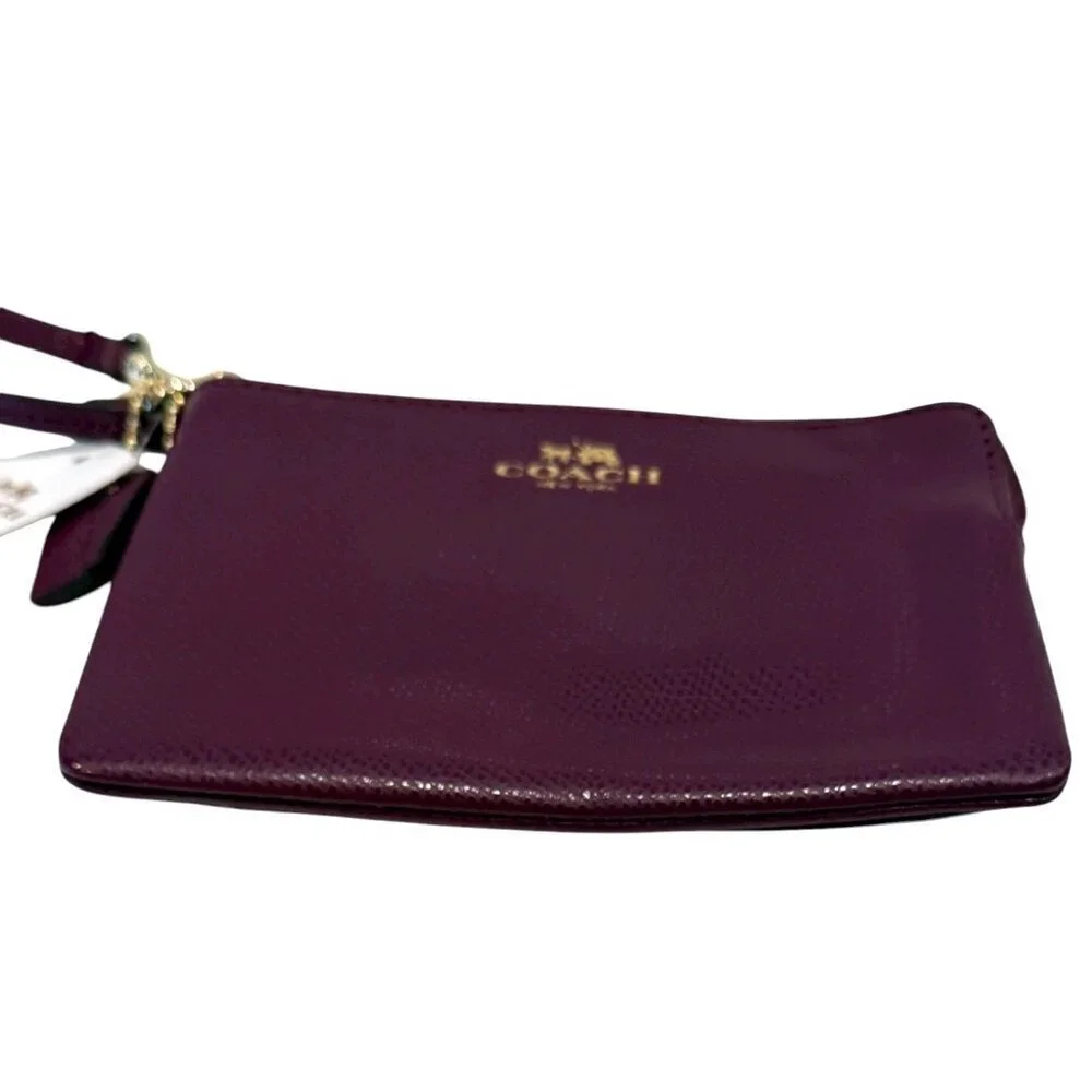 Coach Women's Plum Pebble Leather Wristlet Bag Gold Logo Strap NWT